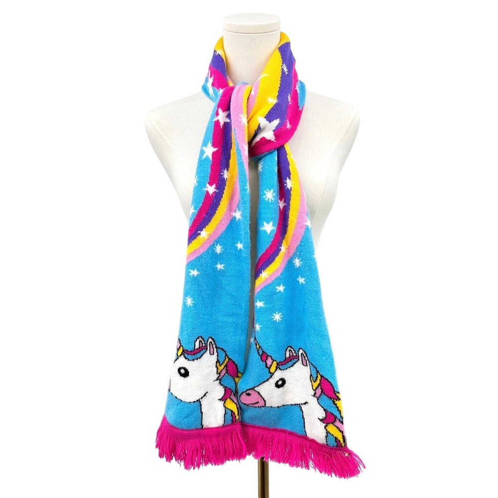 Archie McPhee Unicorn Scarf Knit Fringe Blue/Pink Colorful‎ Kawaii Y2K Dopamine